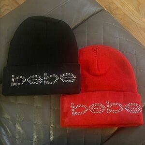 Bebe Black and Red Rhinestone Logo Beanies